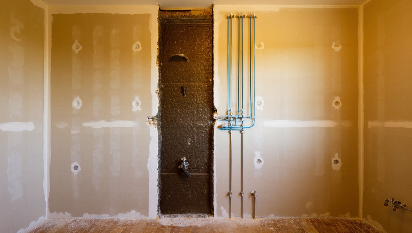 Opened bathroom wall in an older home revealing original cast-iron plumbing stack beside new PEX lines