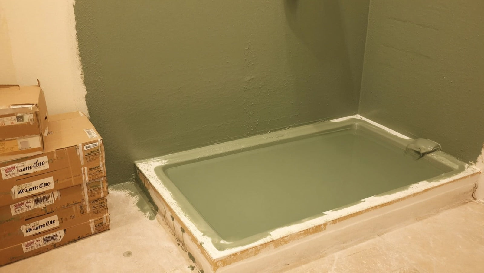 Shower pan under a 24-hour flood test with waterproofing membrane on the walls before tiling