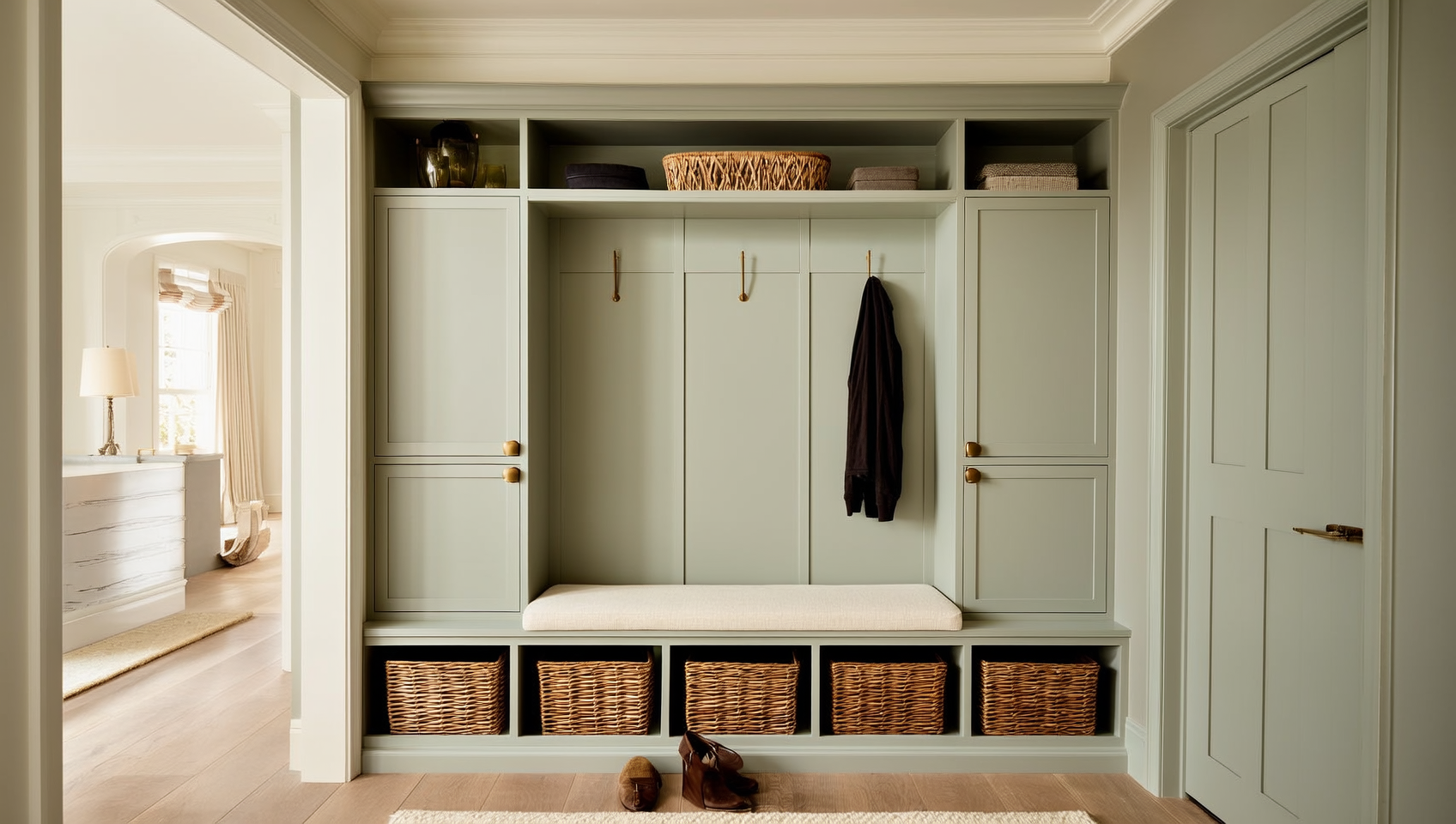 Custom sage-green mudroom built-in cabinetry with locker bench, baskets, and tall storage by ANVE