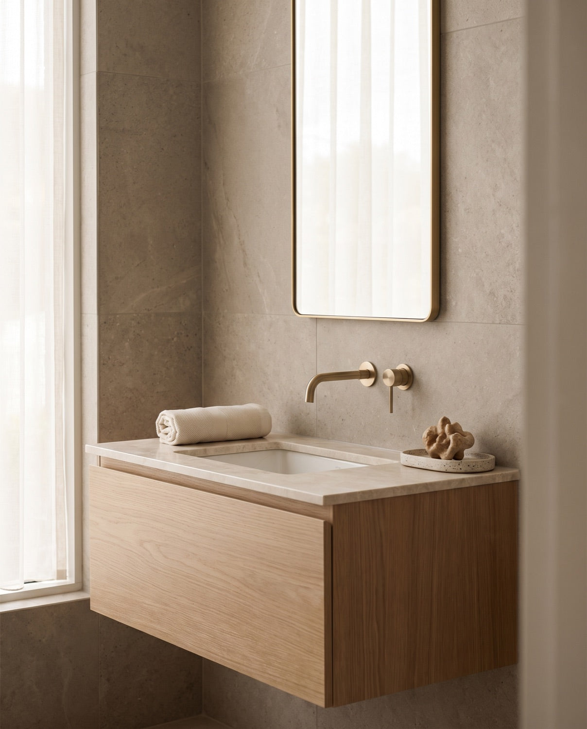 A warm white-oak floating vanity with a honed stone countertop and brushed-brass fixtures, styled in soft daylight.