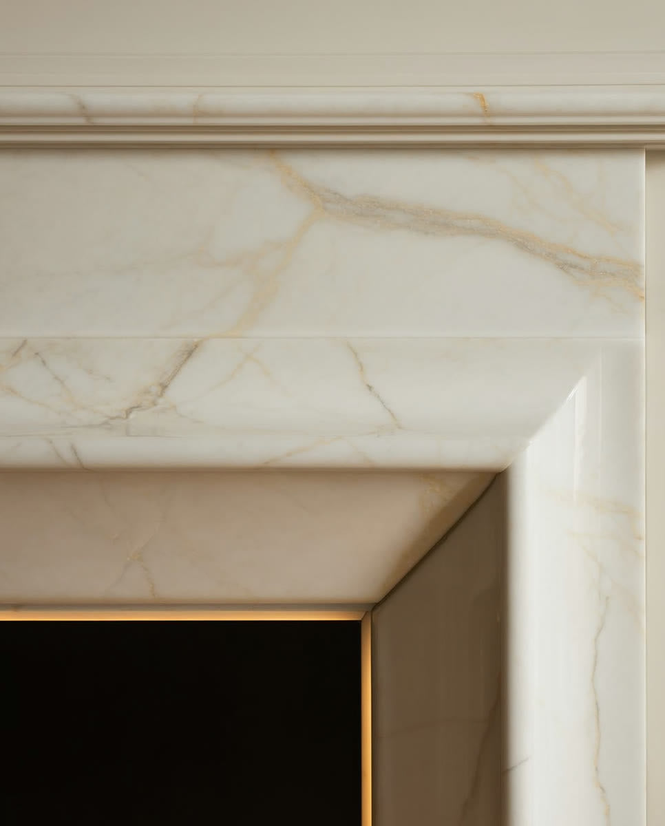 A close detail of a marble-look porcelain slab fireplace surround edge meeting a stone hearth, with soft pale-gold veining in warm light.