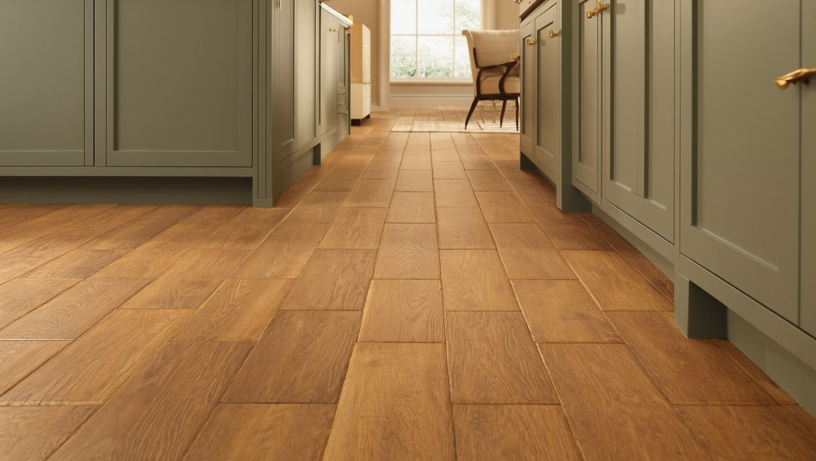 Wood-look porcelain tile floor flowing from a renovated kitchen into the adjacent living space