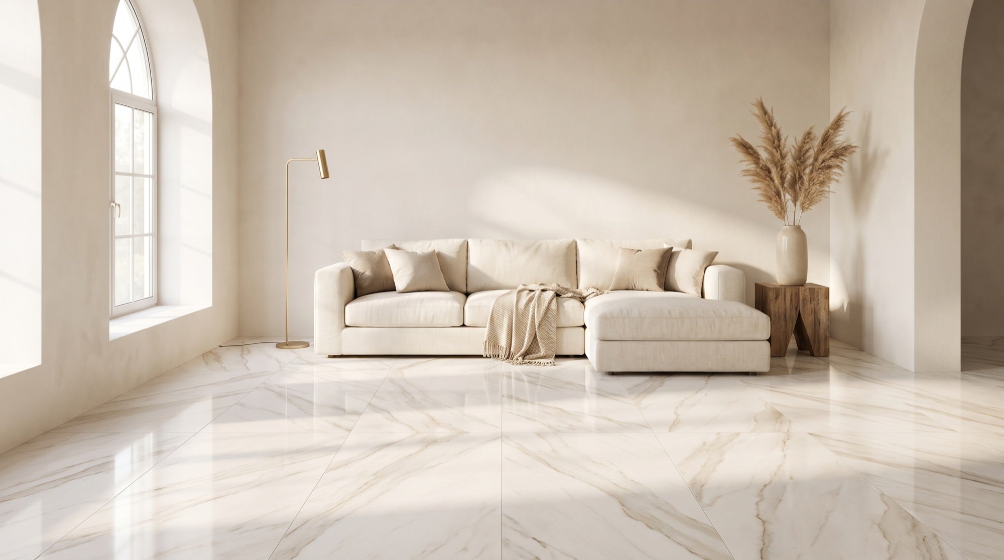 A bright living room floored in large-format marble-look porcelain tile with soft warm-grey veining, cream plaster walls, and a linen sofa in the ANVE style.