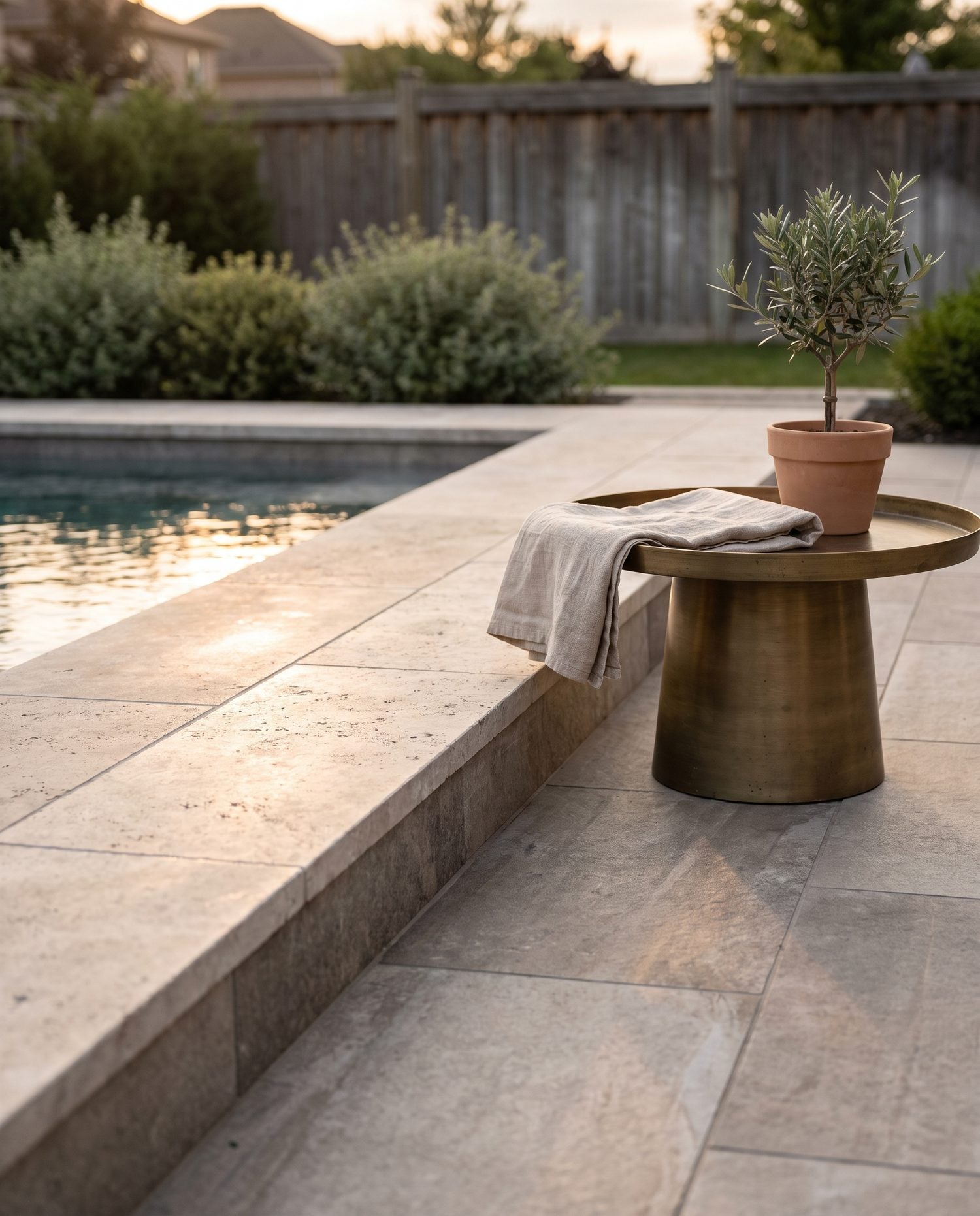 Styled corner of a pool surround vignette with a porcelain coping edge, deck paver field, and brass accents in warm golden-hour light