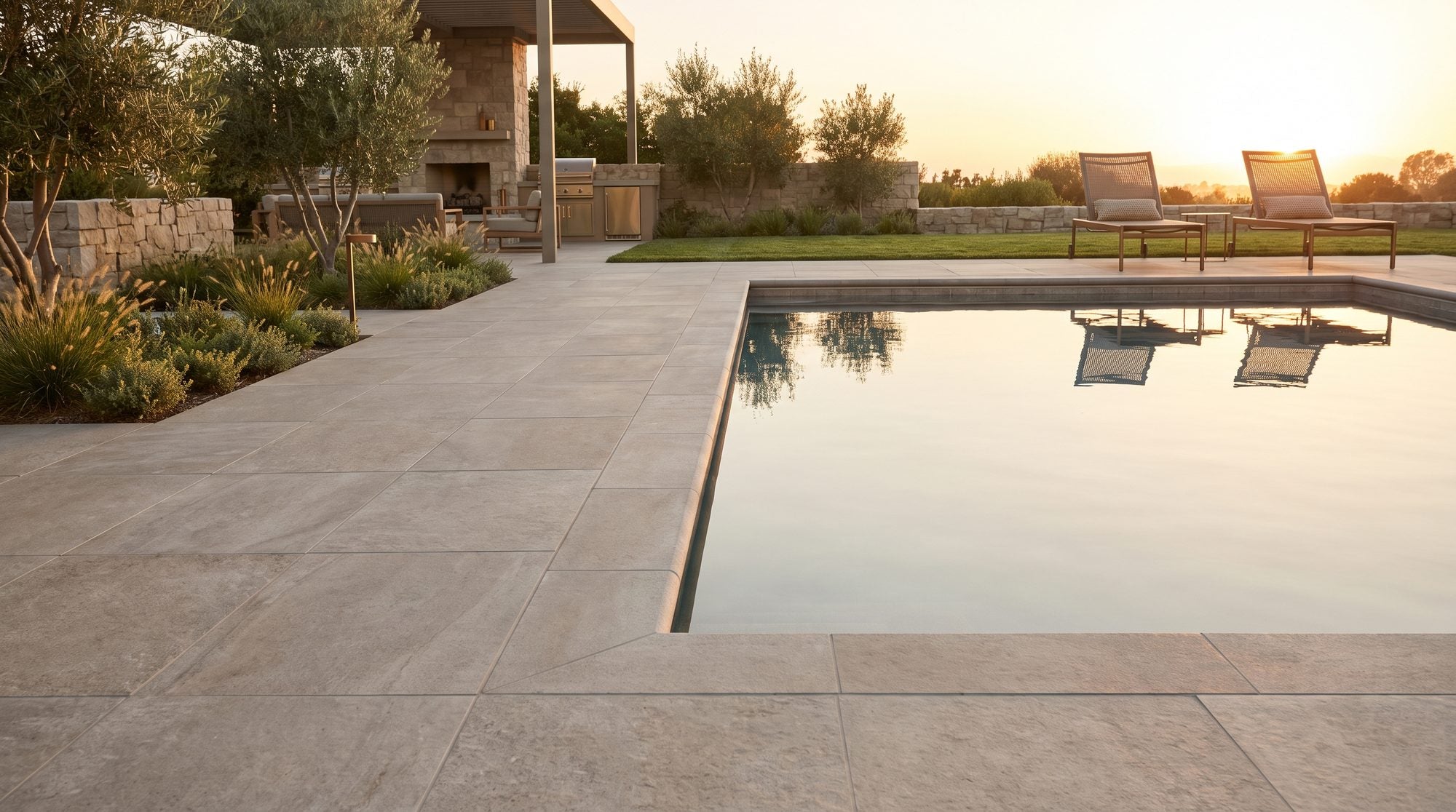Refined backyard pool surround with 2cm porcelain deck pavers meeting a bullnose porcelain coping at the water's edge in warm greige tones