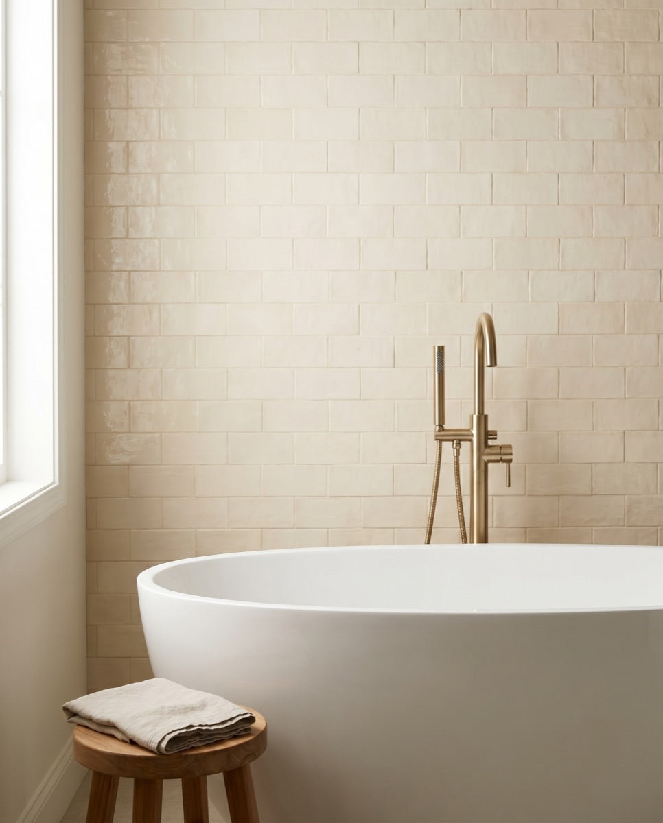 A white freestanding soaking tub with a brushed-brass floor-mount tub filler in the ANVE showroom.