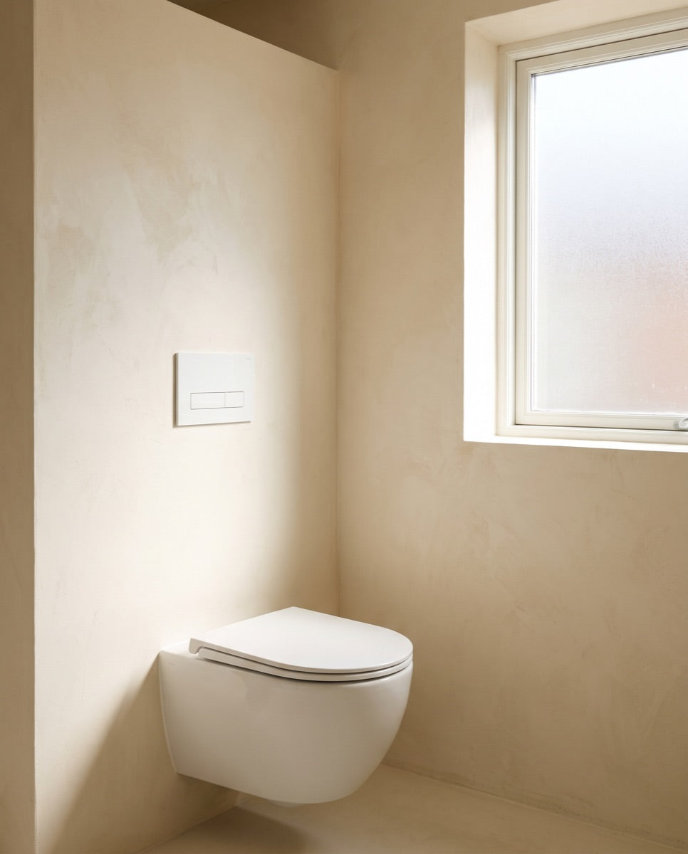 A wall-hung white toilet with concealed-tank styling in the ANVE showroom.