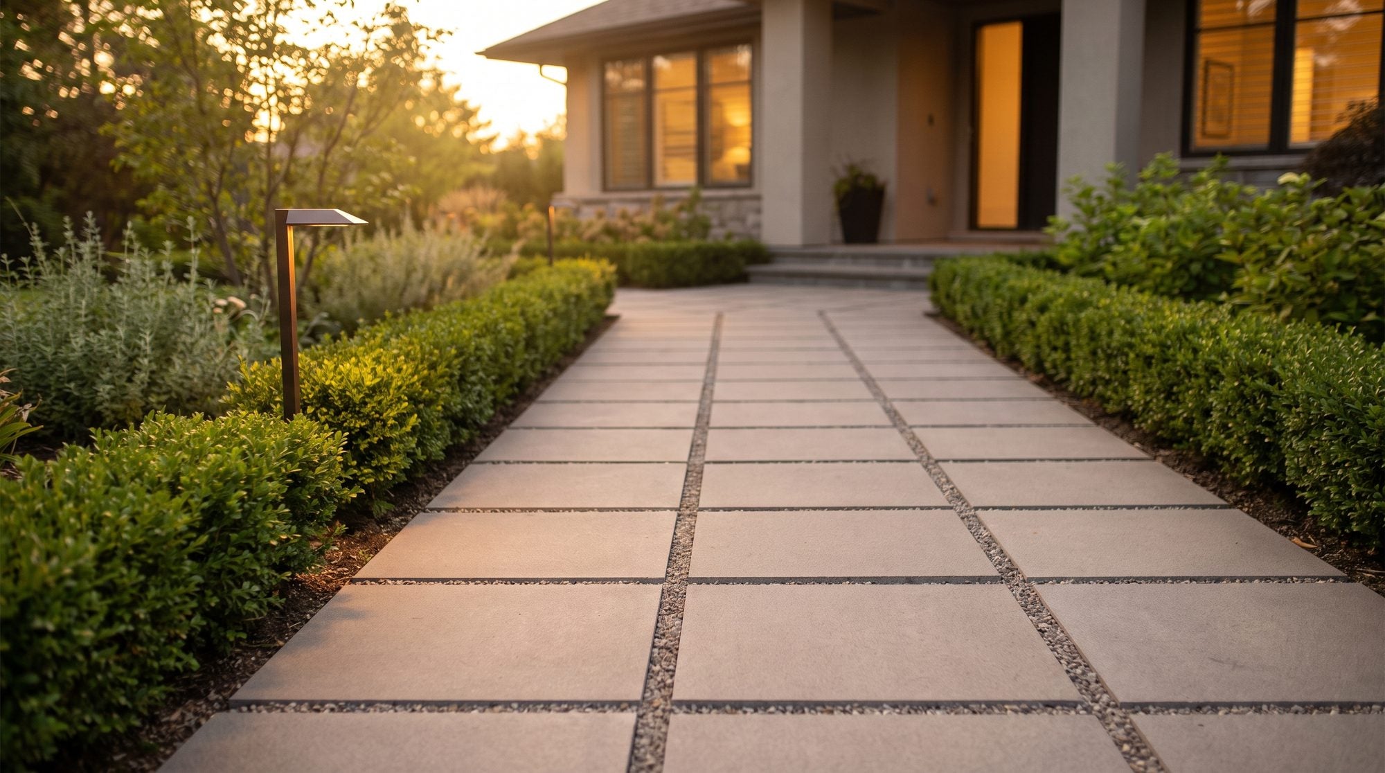A porcelain paver front walkway with gapped planting joints leading to a home entrance framed by low greenery.