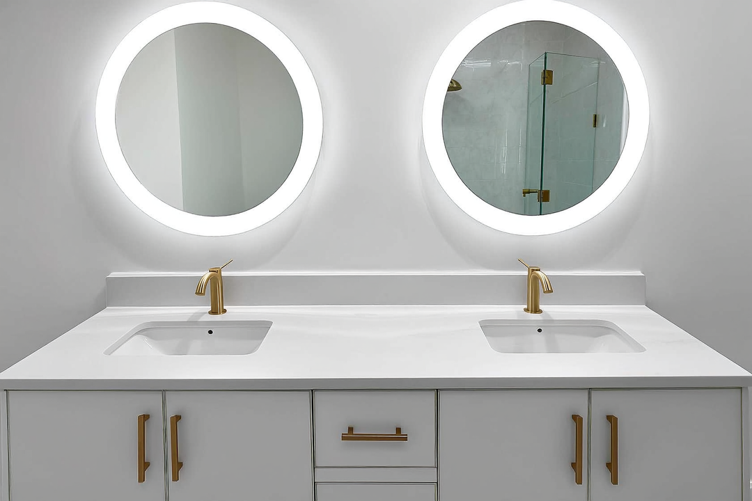 60-inch double bathroom vanity in matte white with brushed gold hardware and dual undermount sinks in a modern primary b