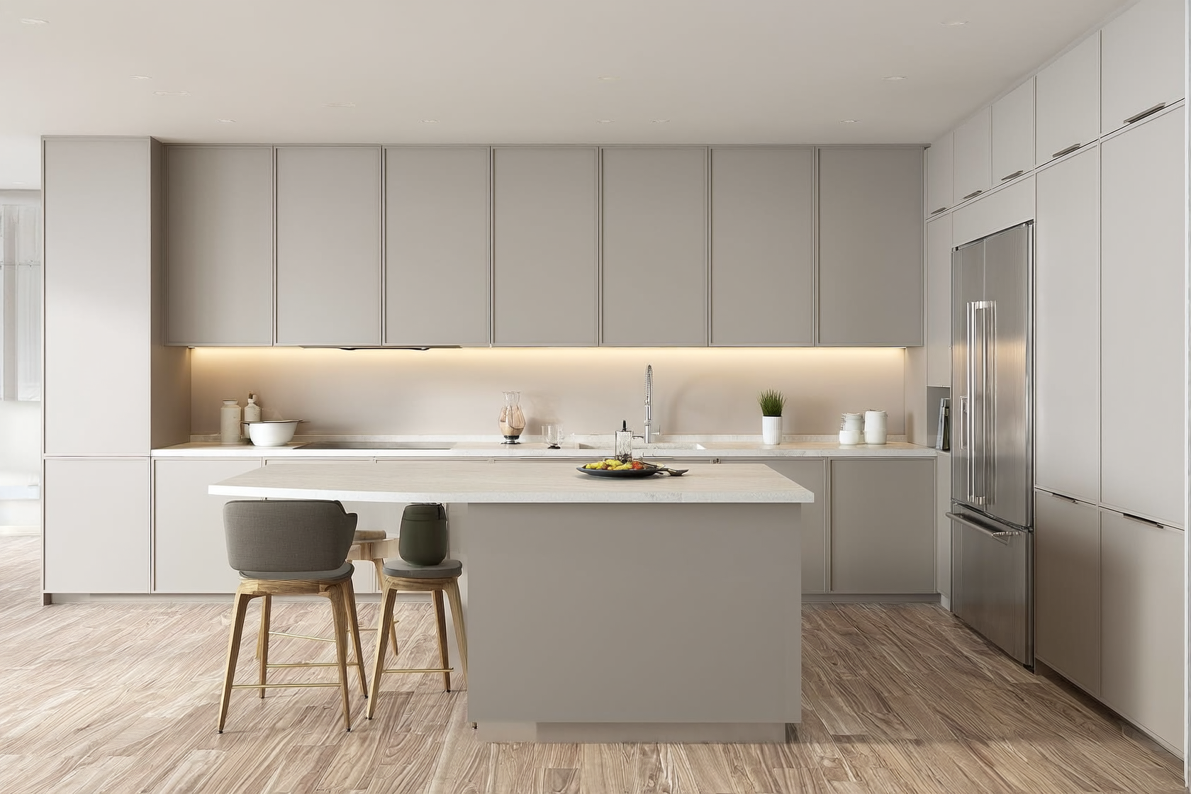 Modern kitchen with LVP flooring, waterfall quartz island countertop, tall gray cabinets, and under-cabinet accent light