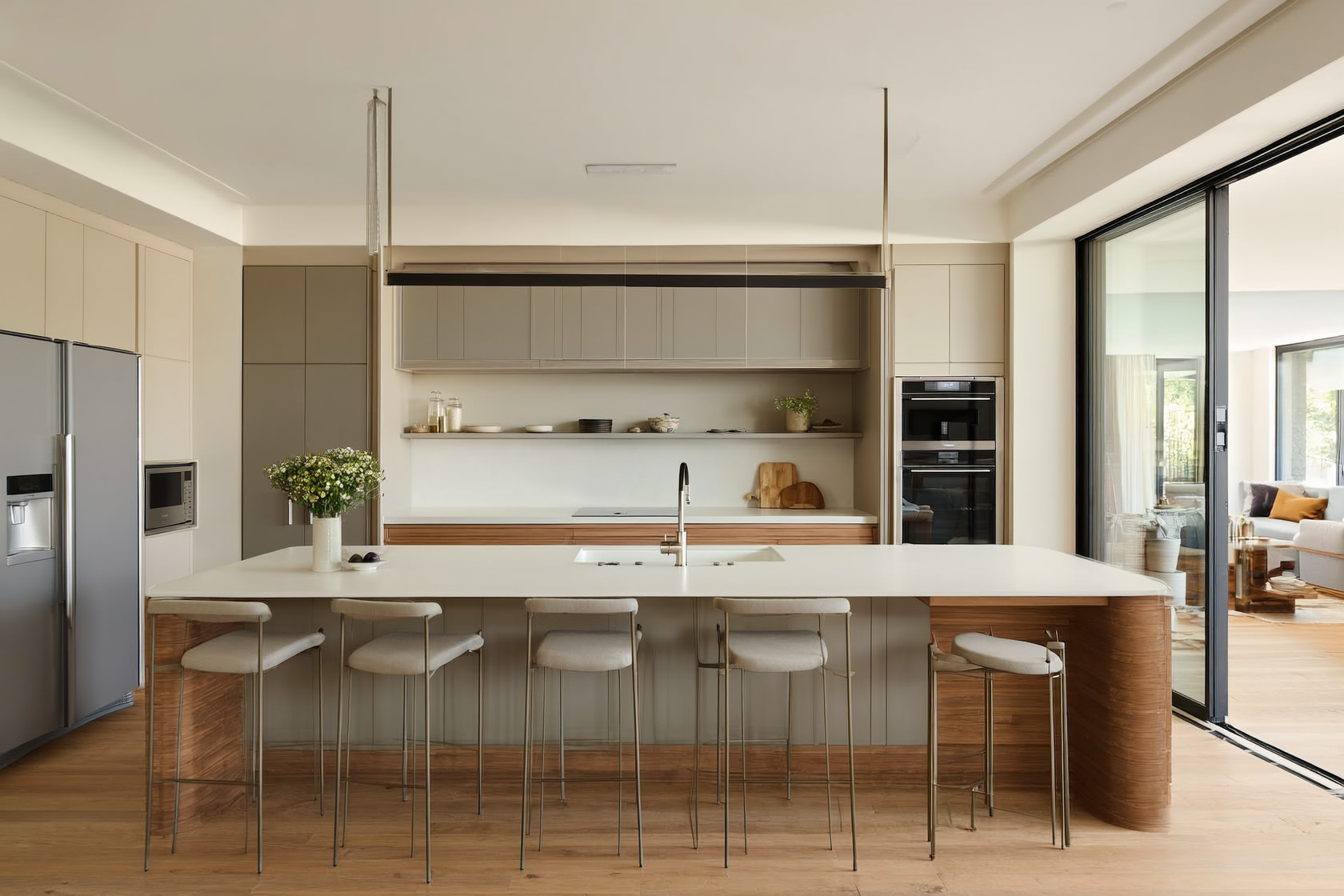 Modern kitchen with well-planned layout, island clearance, and integrated appliances