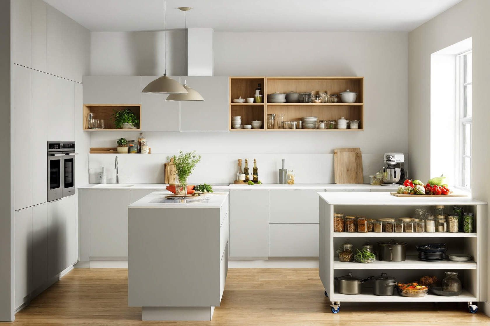 Bright small kitchen with light gray cabinetry, white countertops, organized open wall shelves, and a galley layout maxi