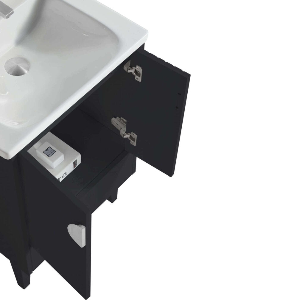 The Venezian 24 inch Bathroom Vanity With Sink is shown with its black cabinet doors open, revealing a white box inside. The white sink rests on top, all displayed against a plain white background.