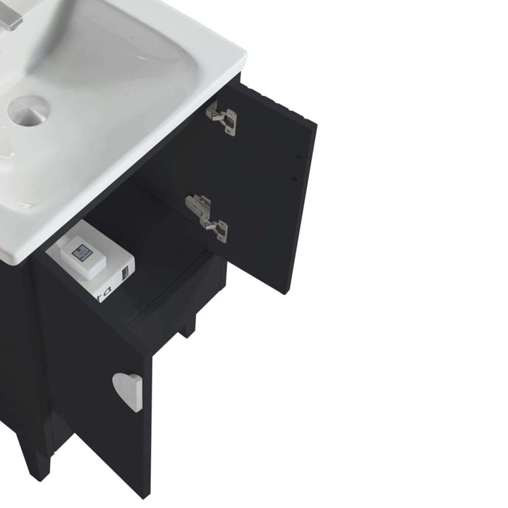 The Venezian 24 inch Bathroom Vanity With Sink is shown with its black cabinet doors open, revealing a white box inside. The white sink rests on top, all displayed against a plain white background.