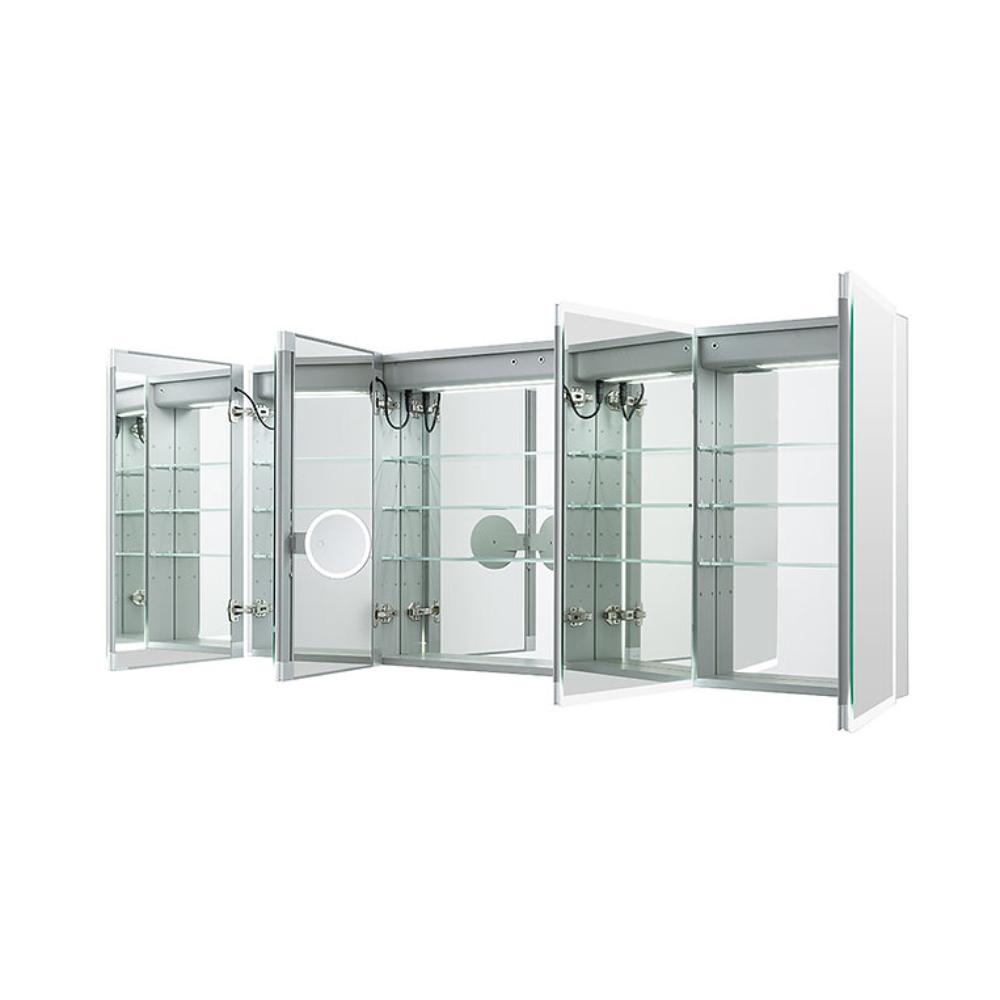 The Edge Royal 72 Inch LED Lighted Mirror Medicine Cabinet offers five mirrored doors, glass shelves, built-in LED lighting, and a left-side magnifying mirror—an ideal modern bathroom upgrade.