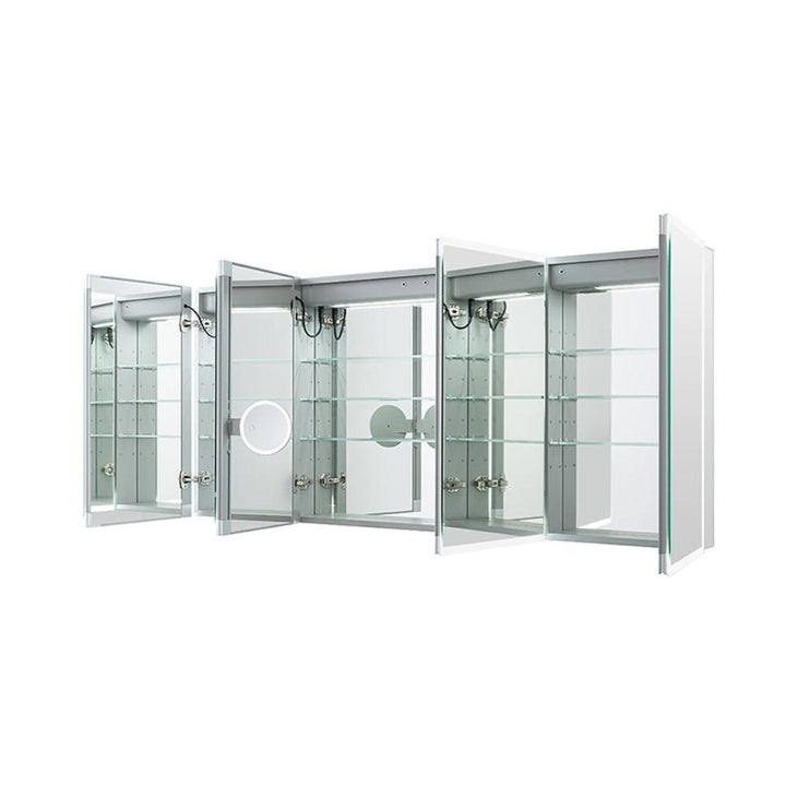 The Edge Royal 72 Inch LED Lighted Mirror Medicine Cabinet offers five mirrored doors, glass shelves, built-in LED lighting, and a left-side magnifying mirror—an ideal modern bathroom upgrade.