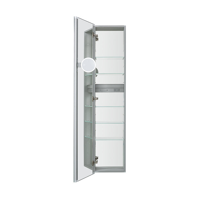 The Royale 15 inch × 70 inch Side Tall Medicine Cabinet is wall-mounted, with the door open to show multiple glass shelves and a small round magnifying mirror attached inside.