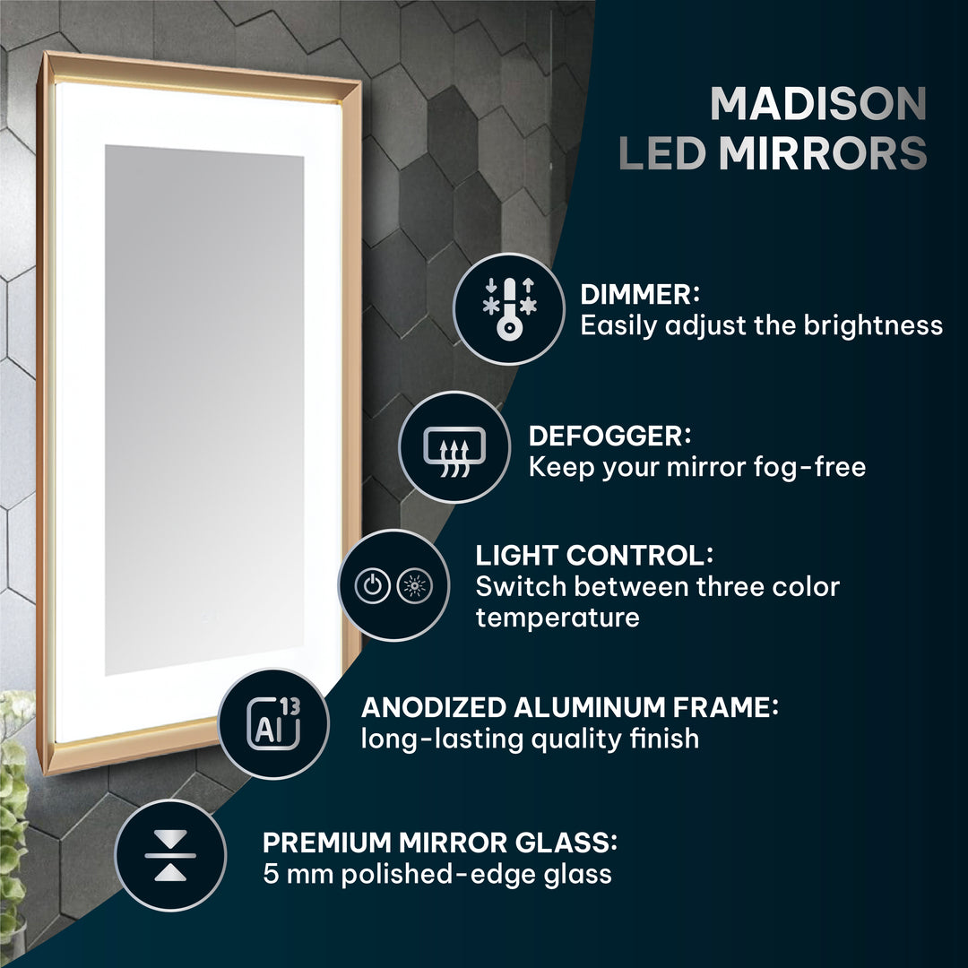 Madison 72" x 36" Framed LED Bathroom Mirror, Anti-Fog in Chrome