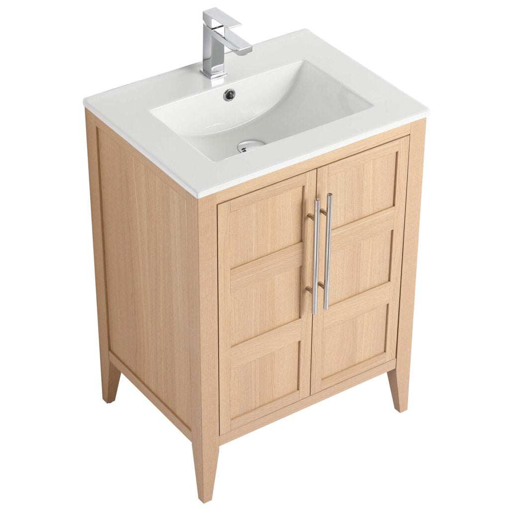 Presenting the Leafside 24 Inch Bathroom Vanity With Sink, featuring a wooden design, white ceramic sink, and sleek rectangular silver faucet. The cabinet includes double doors with vertical silver handles and elegantly stands on four legs.
