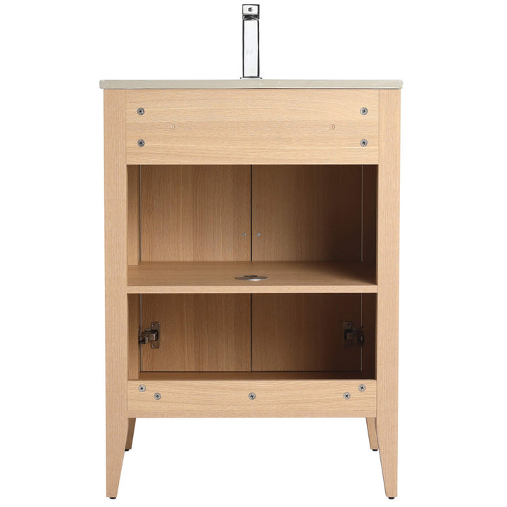 The Leafside 24 Inch Bathroom Vanity With Sink showcases a wooden cabinet with a beige countertop and a centered metal faucet. The rectangular design includes two open shelves for storage and stands elegantly on four sturdy legs.