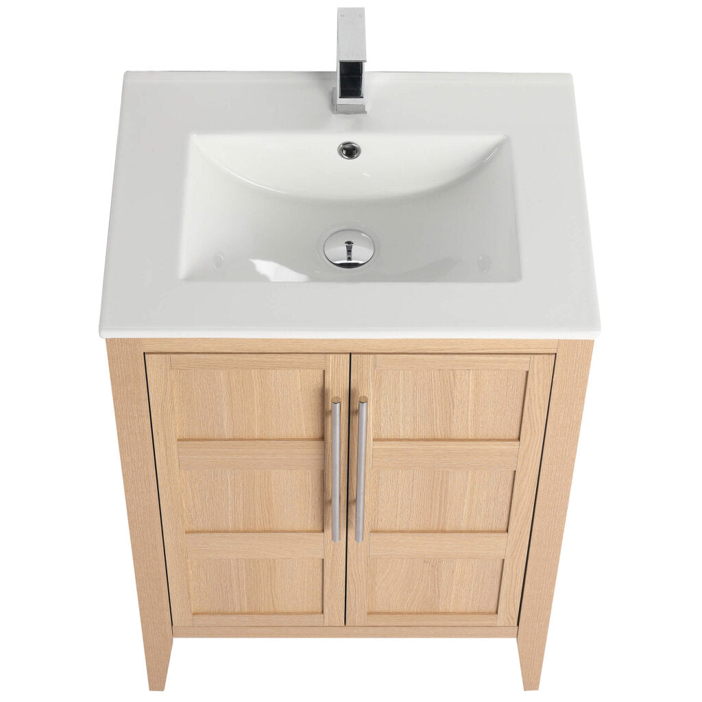 Overhead view of the Leafside 24 Inch Bathroom Vanity With Sink, featuring a white ceramic sink with a chrome faucet. The wooden cabinet has two paneled doors with sleek metal handles, and the sink includes a centered drain.