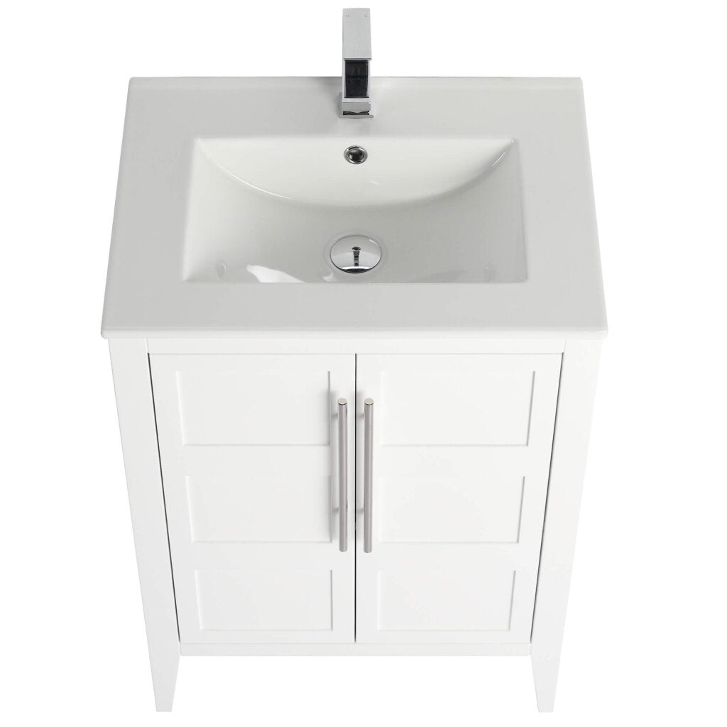 Top view of the Leafside 24 Inch Bathroom Vanity featuring a rectangular sink and chrome faucet. This white vanity has two cabinet doors with vertical chrome handles, perfectly combining style and functionality.