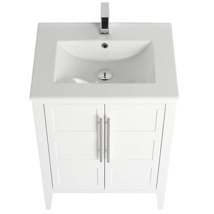 Top view of the Leafside 24 Inch Bathroom Vanity featuring a rectangular sink and chrome faucet. This white vanity has two cabinet doors with vertical chrome handles, perfectly combining style and functionality.