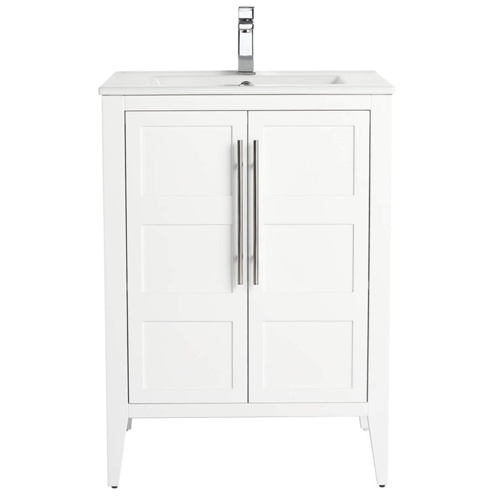 Introducing the Leafside 24 Inch Bathroom Vanity With Sink: a white vanity with two paneled doors and slim vertical handles. It features a modern rectangular basin and sleek chrome faucet, offering simple elegance that complements any bathroom decor.