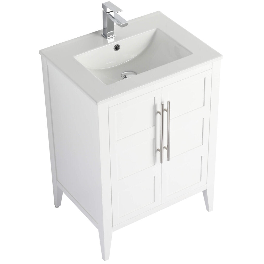 The Leafside 24 Inch Bathroom Vanity With Sink showcases a modern white design with a rectangular sink and chrome faucet. It features two cabinet doors with vertical silver handles and stands on four sturdy legs, seamlessly blending minimalist and contemporary styles.