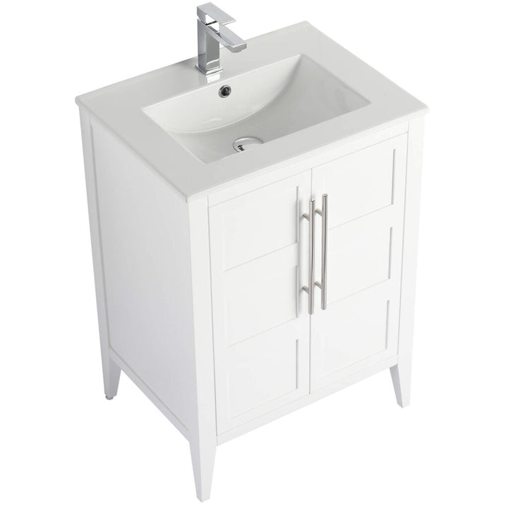 The Leafside 24 Inch Bathroom Vanity With Sink showcases a modern white design with a rectangular sink and chrome faucet. It features two cabinet doors with vertical silver handles and stands on four sturdy legs, seamlessly blending minimalist and contemporary styles.