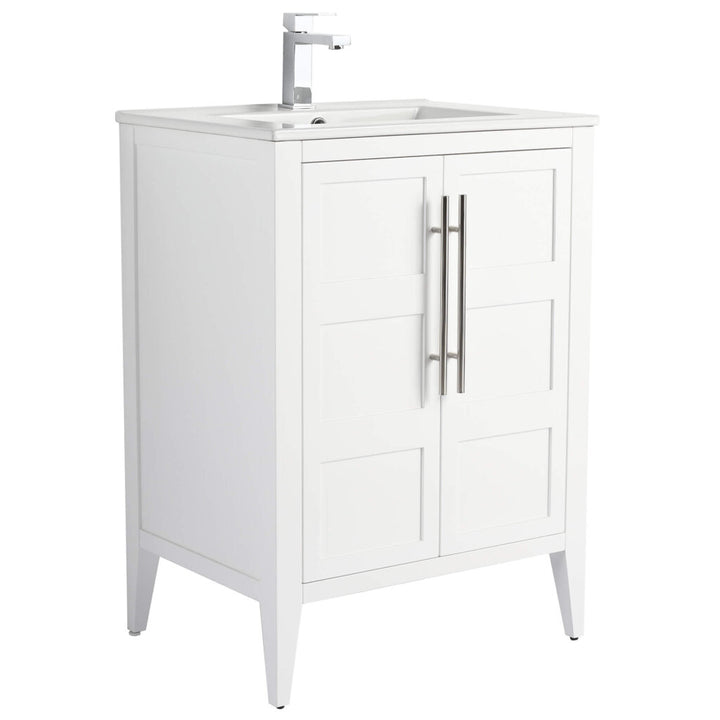 Introducing the Leafside 24 Inch Bathroom Vanity With Sink, a modern design masterpiece featuring a rectangular sink with a sleek single-lever faucet. The cabinet has two paneled doors with long metal handles and is elegantly supported by four angled legs.