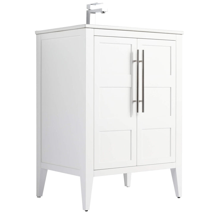 The Leafside 24 Inch Bathroom Vanity With Sink features a modern design with two paneled cabinet doors, sleek metal handles, and stands on four angled legs. Its topped with a minimalist silver faucet.