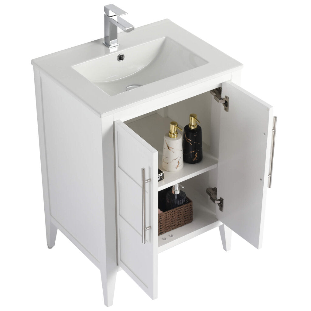 The Leafside 24 Inch Bathroom Vanity with Sink showcases a white finish and an open cabinet door with a shelf. A silver faucet enhances the design, while a black and white bottle with a gold pump tops the shelf. The integrated sink completes the vanity.