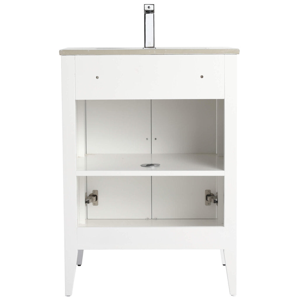 The Leafside 24 Inch Bathroom Vanity With Sink features a white frame, gray countertop, and central faucet. It includes one closed drawer and two open lower shelves, enhancing the interior storage display.