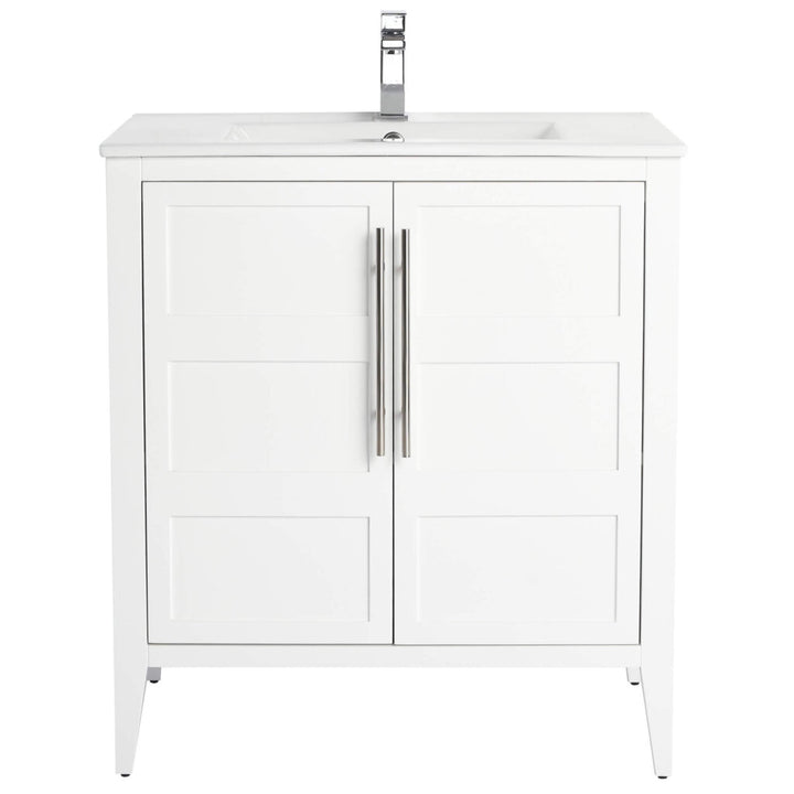 The Leafside 30 Inch Bathroom Vanity includes two paneled doors with vertical silver handles, a flat countertop with an integrated sink, and a modern single-handle faucet, offering a chic touch to any bathroom.