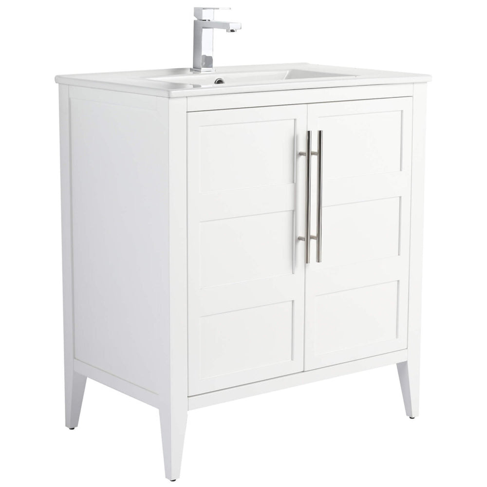 Meet the Leafside 30 Inch Bathroom Vanity With Sink—a modern white beauty featuring a large basin, sleek square faucet, and dual cabinet doors with vertical handles. Its minimalist elegance is enhanced by four angular legs.