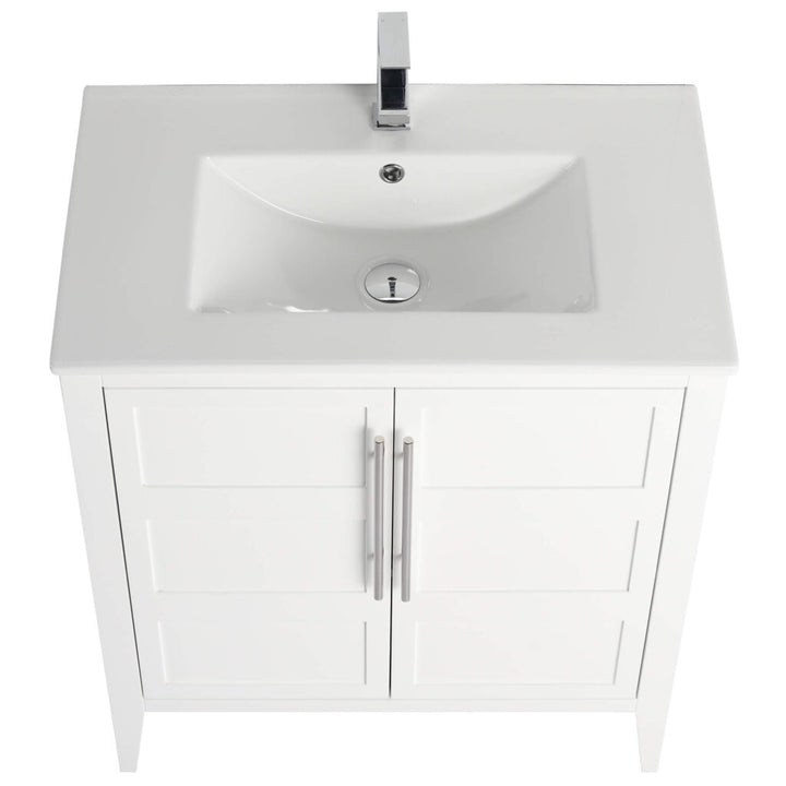 A top-down view of the Leafside 30 Inch Bathroom Vanity With Sink reveals a rectangular basin paired with a chrome faucet. Below, the cabinet sports double doors and vertical metal handles, embodying a simple, modern style.
