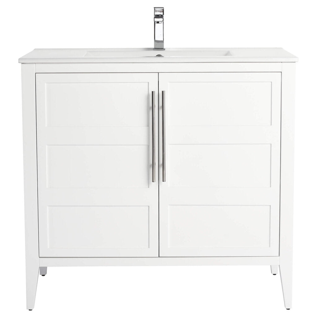The Leafside 36 Inch Bathroom Vanity With Sink features two paneled cabinet doors, each adorned with a vertical metal handle, topped with a modern metallic faucet. Its sleek, minimalist design makes it an elegant choice for any bathroom.
