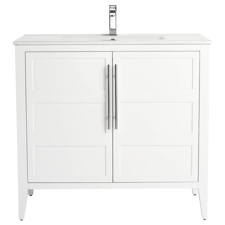 The Leafside 36 Inch Bathroom Vanity With Sink features two paneled cabinet doors, each adorned with a vertical metal handle, topped with a modern metallic faucet. Its sleek, minimalist design makes it an elegant choice for any bathroom.