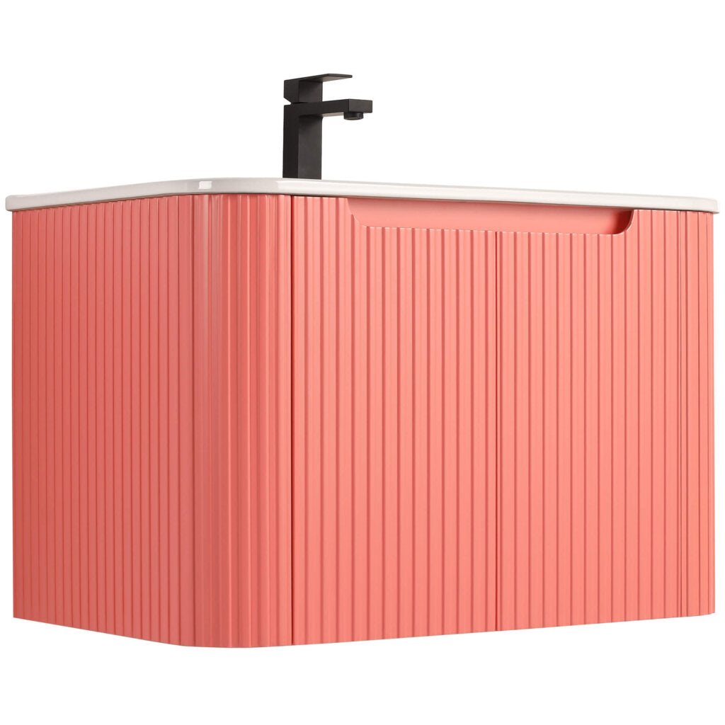 Discover the Caskvalley 30 Inch Wall Mounted Bathroom Vanity With Sink: a modern gem featuring a ribbed coral cabinet, white countertop, sleek black faucet, and integrated handle for minimalist sophistication in a rectangular shape.