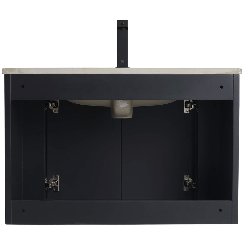 The Caskvalley 30 Wall Mounted Bathroom Vanity With Sink has an open back for easy plumbing, two cabinet doors, and a rectangular beige countertop, offering seamless pipe access.