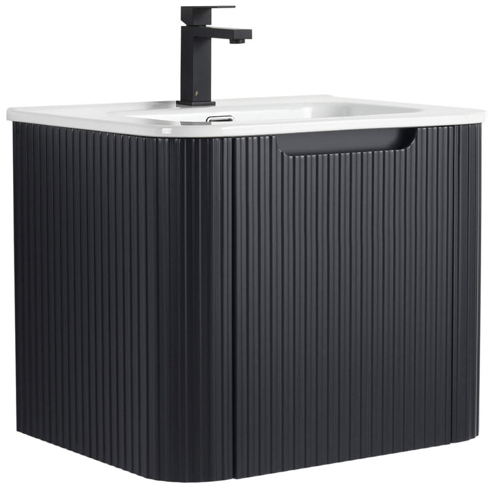 Introducing the Caskvalley 24 Inch wall-mounted bathroom vanity in black with a vertical slatted design and integrated white rectangular sink, paired with a sleek angular black faucet for a stylish contemporary look.