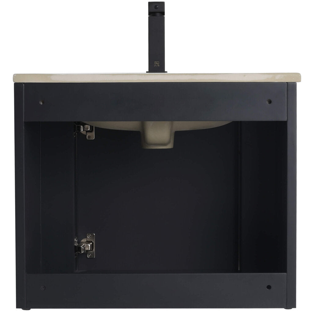 The Caskvalley 24 Inch Wall Mounted Bathroom Vanity features a black cabinet with an open door, showcasing an empty interior space and a beige basin under a cream countertop, topped by a small vertical faucet element in its modern, minimalistic design.