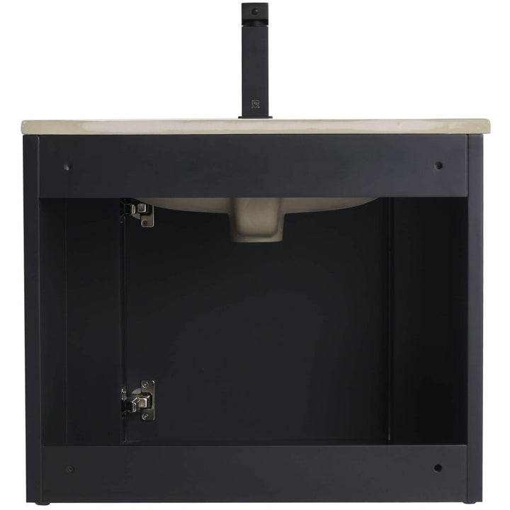 The Caskvalley 24 Inch Wall Mounted Bathroom Vanity features a black cabinet with an open door, showcasing an empty interior space and a beige basin under a cream countertop, topped by a small vertical faucet element in its modern, minimalistic design.
