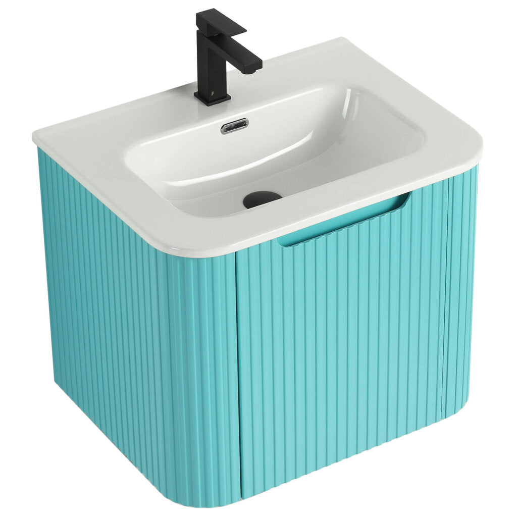The Caskvalley 24 Inch Wall Mounted Bathroom Vanity With Sink adds a modern flair with its sleek white basin, black faucet, and textured aqua cabinet. Its subtle handle design and curved edges create an elegant bathroom centerpiece.