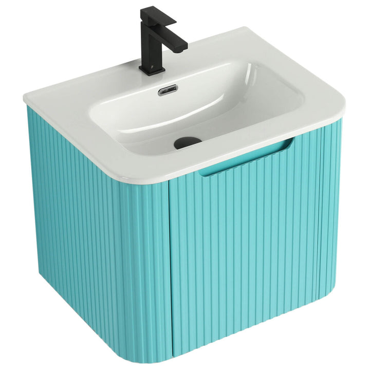 The Caskvalley 24 Inch Wall Mounted Bathroom Vanity With Sink adds a modern flair with its sleek white basin, black faucet, and textured aqua cabinet. Its subtle handle design and curved edges create an elegant bathroom centerpiece.