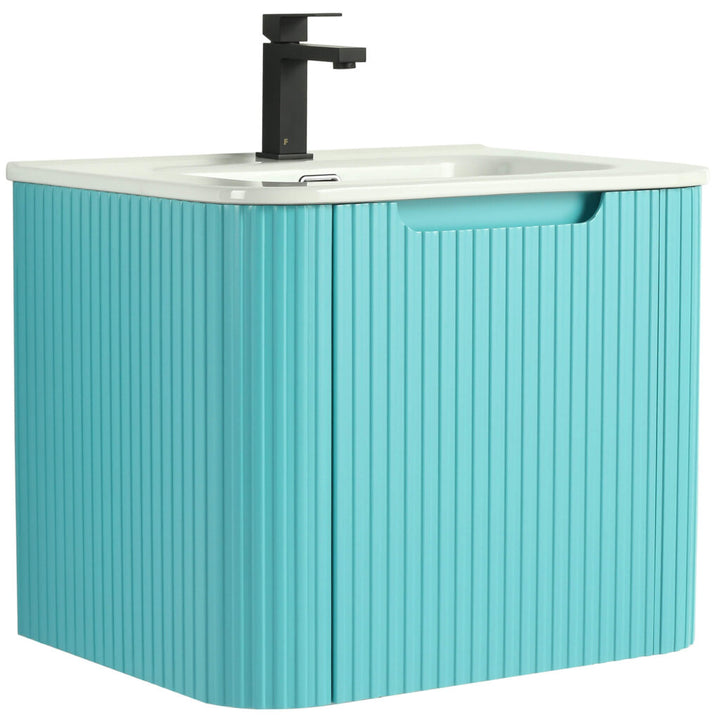 The Caskvalley 24 Wall Mounted Bathroom Vanity offers a modern turquoise ribbed cabinet with a pull-out design. Completed by a white sink and square black faucet, it delivers a sleek, contemporary touch to any bathroom decor.