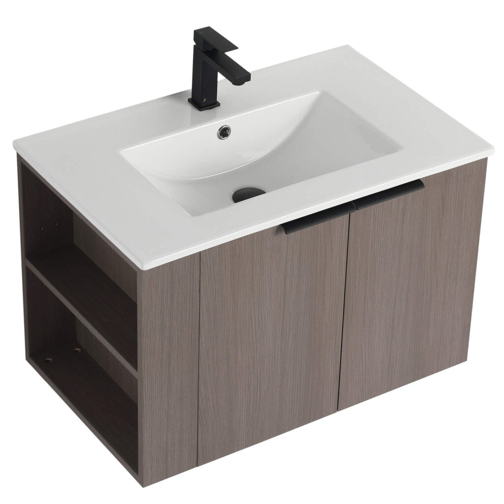 The Elmridge 30 Inch Wall Mounted Bathroom Vanity With Sink combines modern design with a white sink and black faucet, featuring a wood finish, two doors, and side open shelving for storage. It offers sleek minimalism paired with functional design.