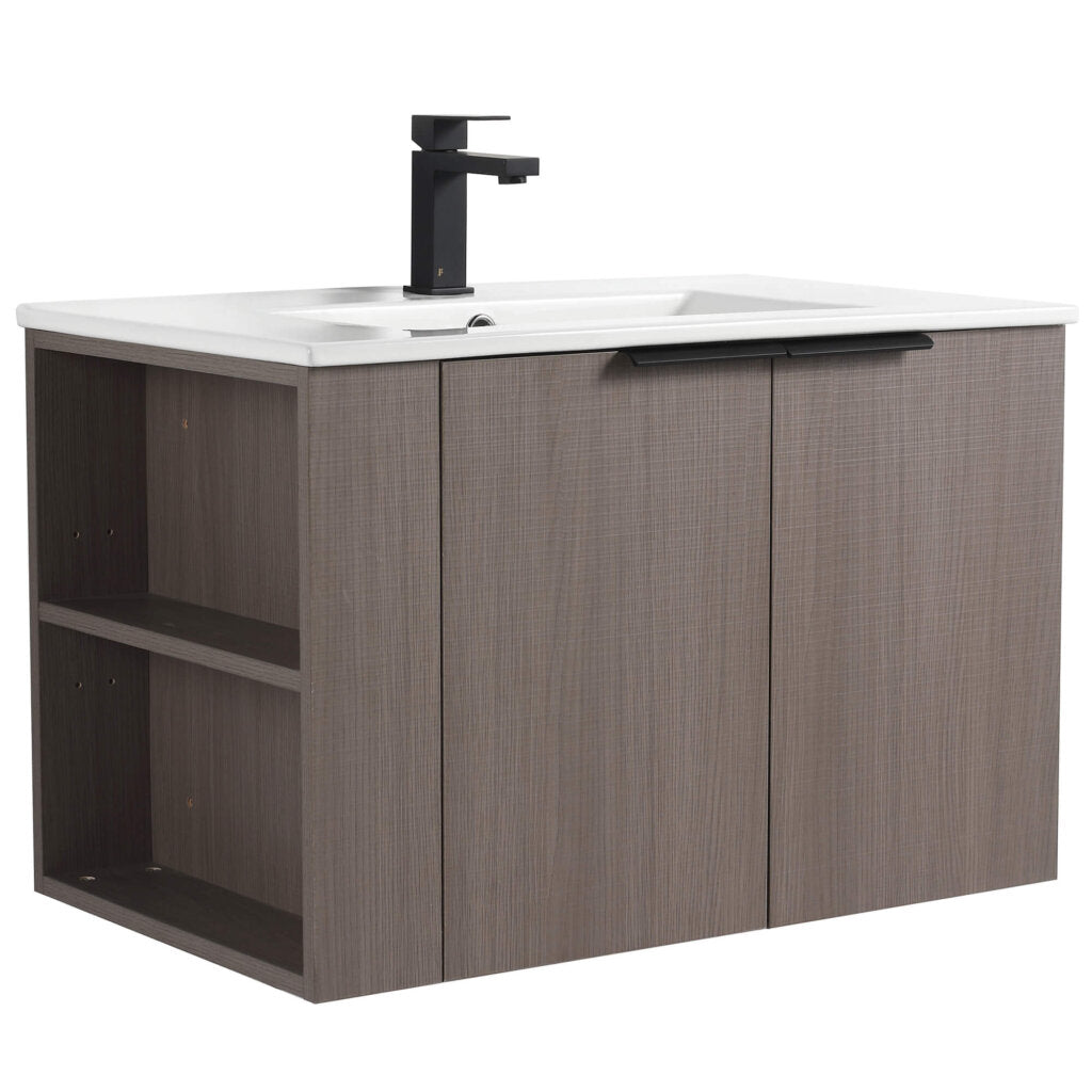The Elmridge 30 Wall Mounted Bathroom Vanity features a modern design with a white countertop, integrated rectangular sink, matte black faucet, two closed cabinets with black handles, and two open shelves on the left side in a light wood finish.