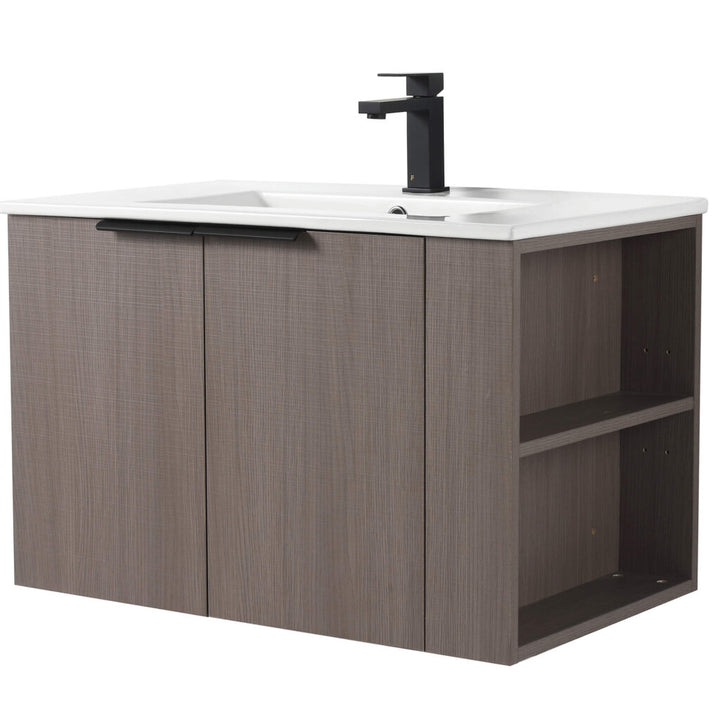 The Elmridge 30 Inch Wall Mounted Vanity features a black faucet, light brown wood finish, two left doors, two right open shelves, and a white countertop with basin.